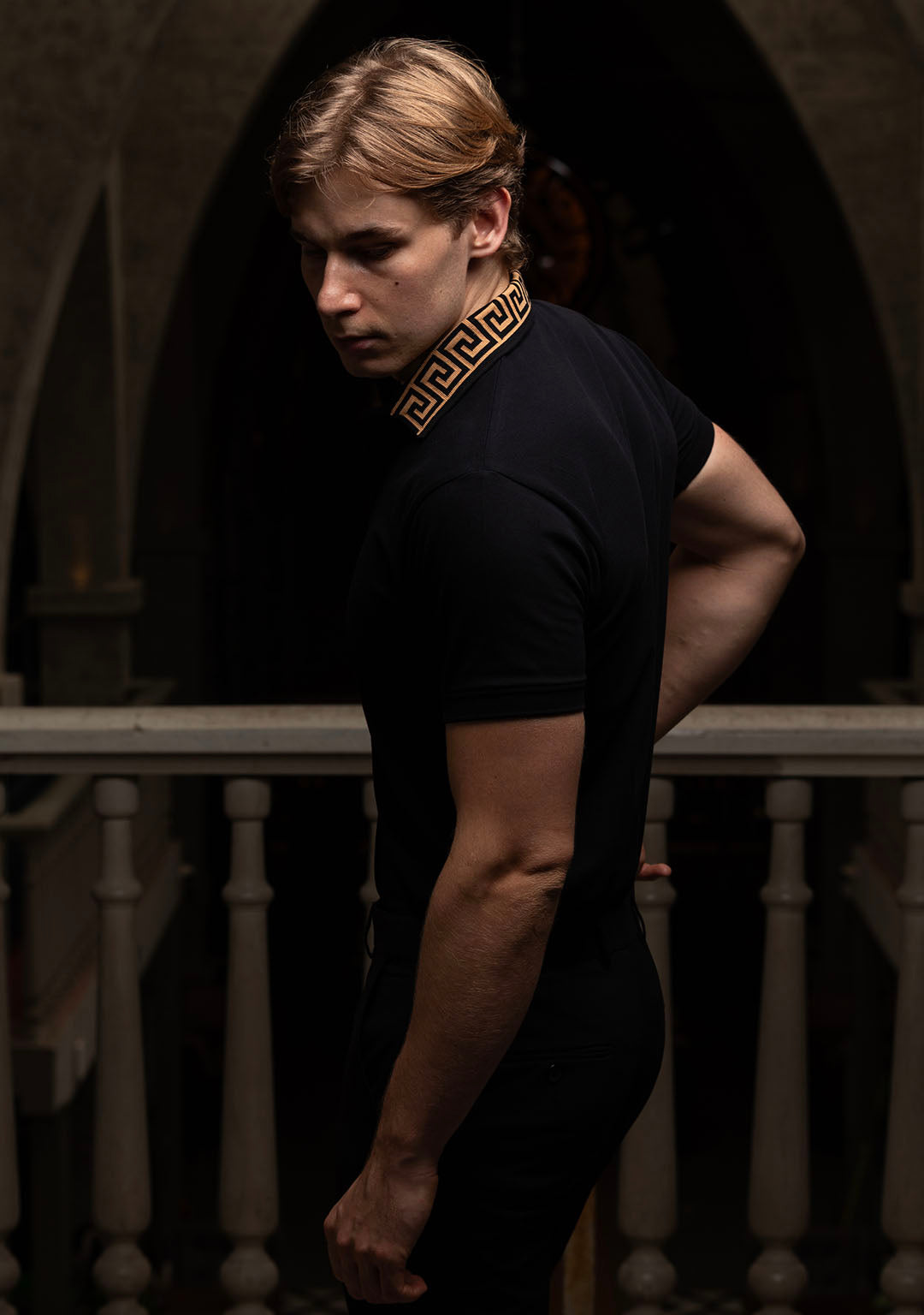 Luxury Polo in Black Greek Meander