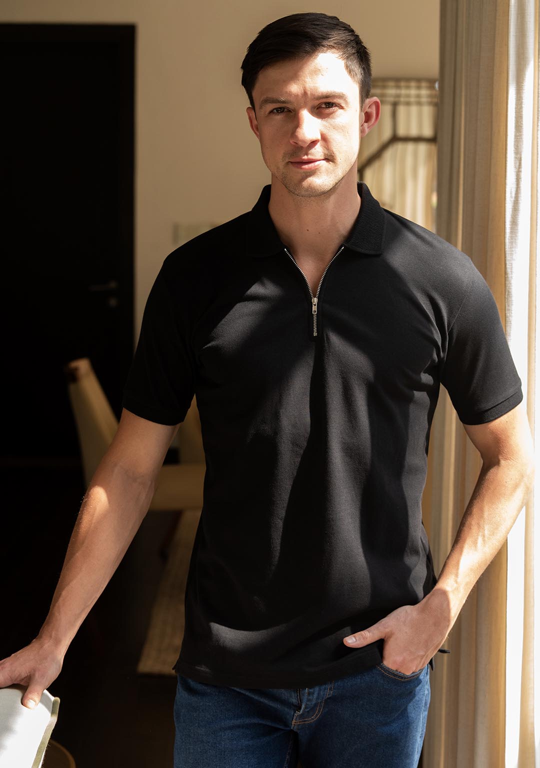 Luxury Polo in Black Zipper