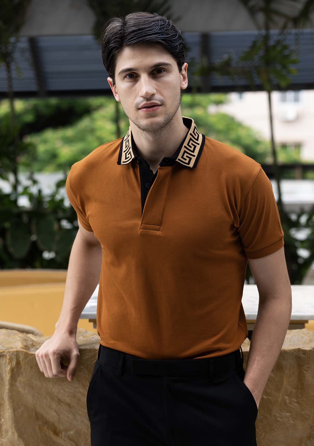 Luxury Polo in Caramel Greek Meander