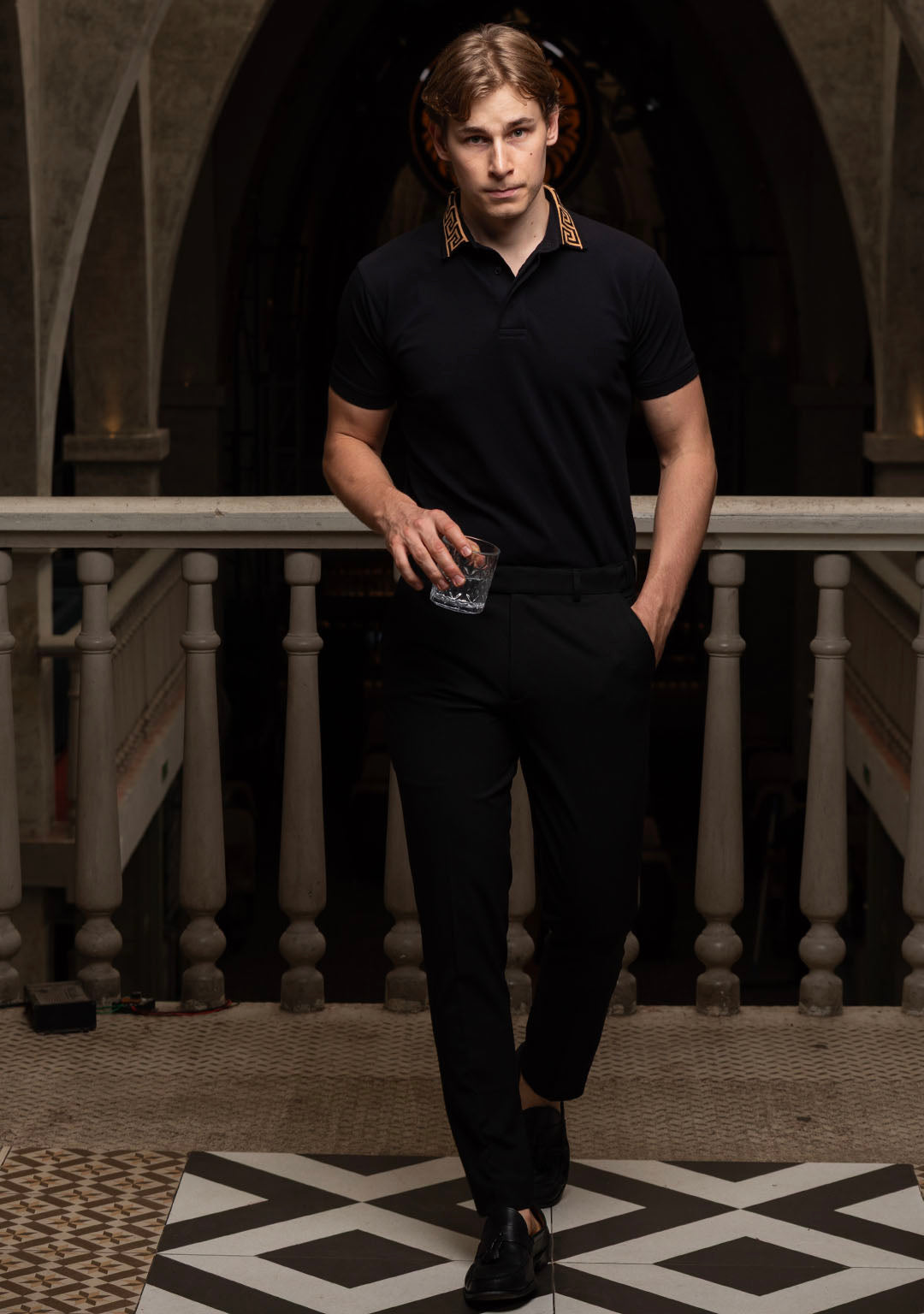 Luxury Polo in Black Greek Meander