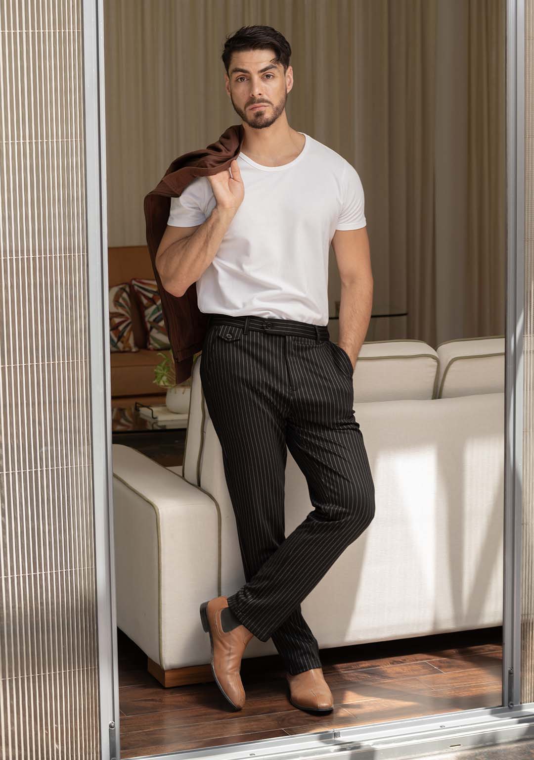 Transit Pants in Black Pinstripes