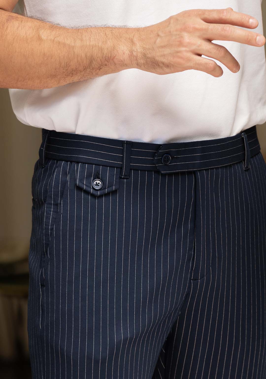 Transit Pants in Royal Navy Pinstripes