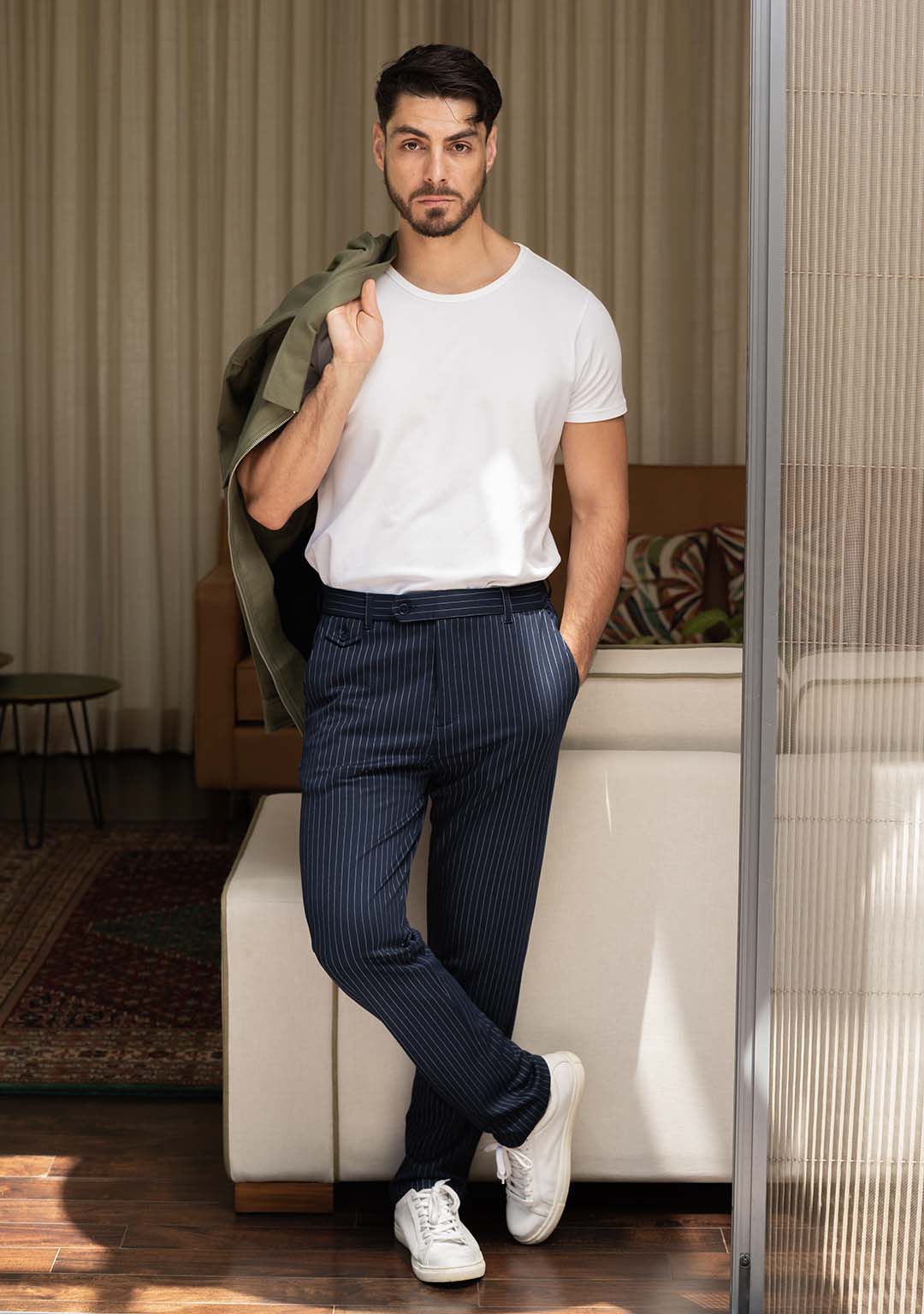 Transit Pants in Royal Navy Pinstripes
