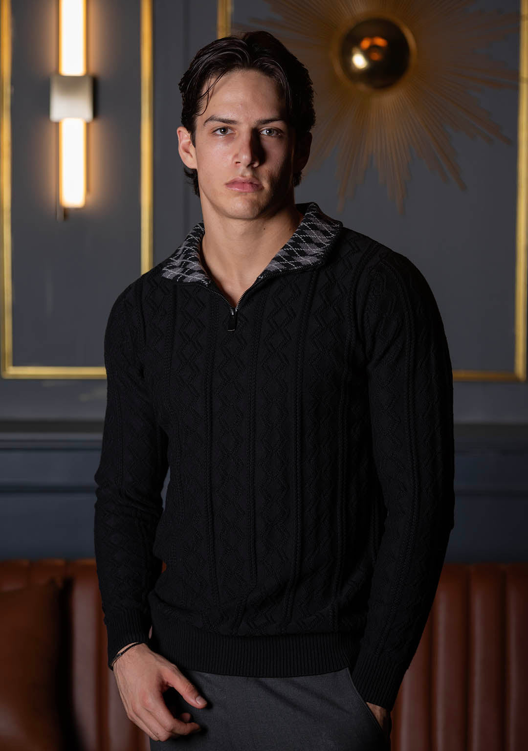 Jacquard Half Zipper in Black