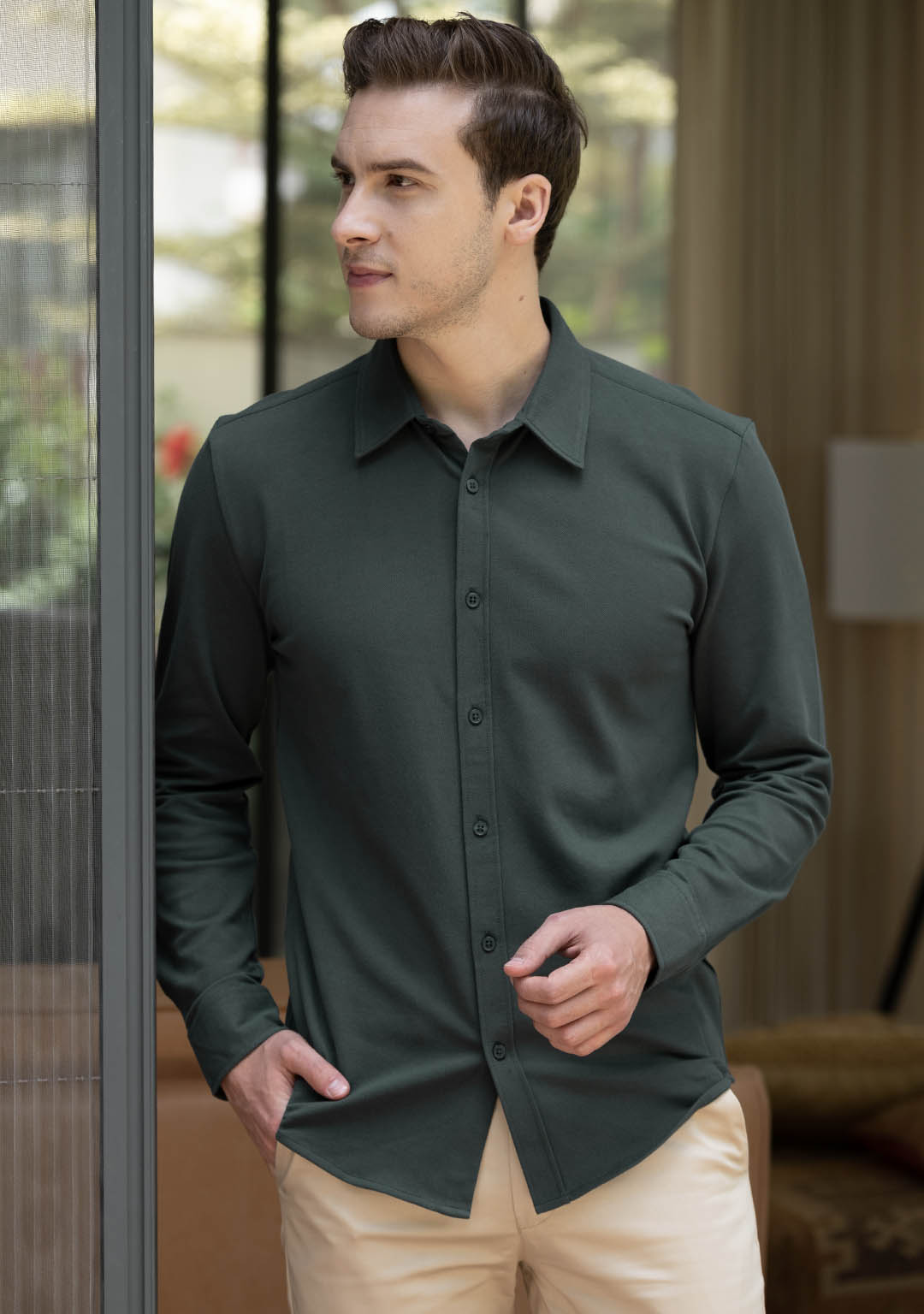 Full Sleeve Piqué Shirt in Bistro Green